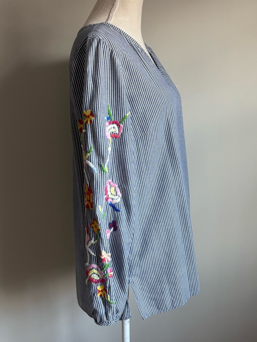 Talbots Striped Peasant Blouse with Embroidered Sleeves - Picture 4 of 8